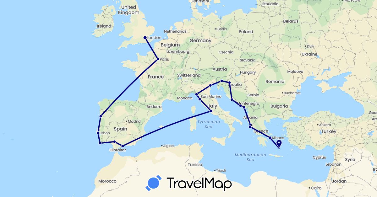 TravelMap itinerary: driving in Albania, Spain, France, United Kingdom, Greece, Croatia, Italy, Montenegro, Portugal, Slovenia (Europe)